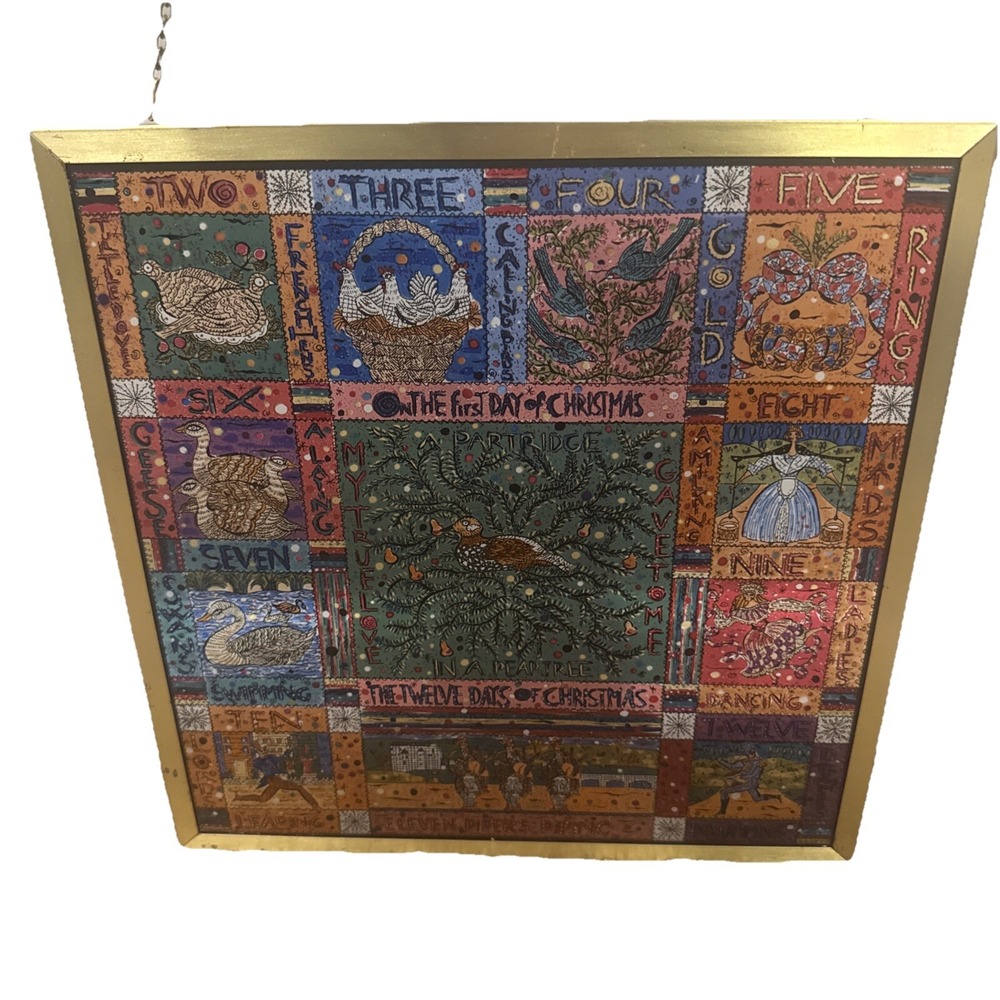 12 Days Of Christmas Stained Etched Glass Brass Framed Unique Christmas Decor